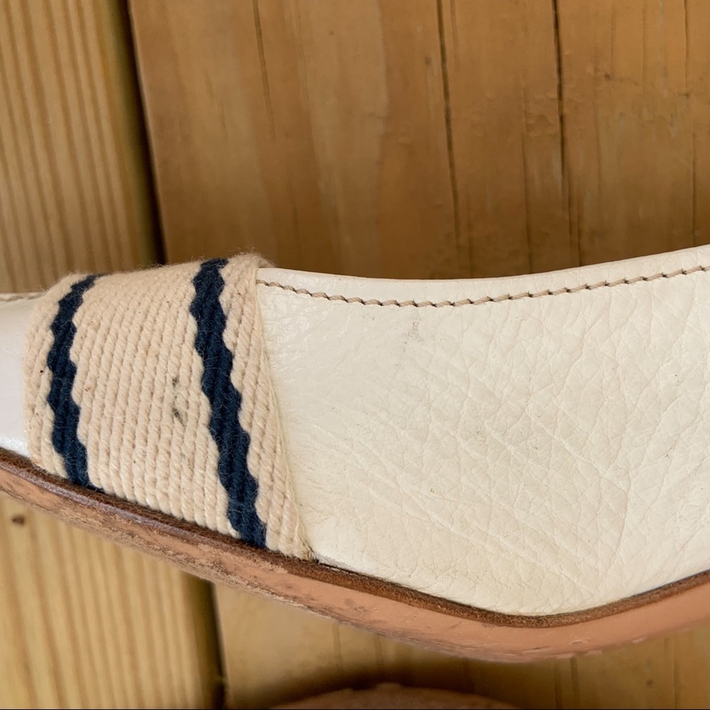Miu Miu by Prada White Navy Blue Stripe Ribbon Heels Shoes Italy 38.5 Leather - Picture 9 of 14
